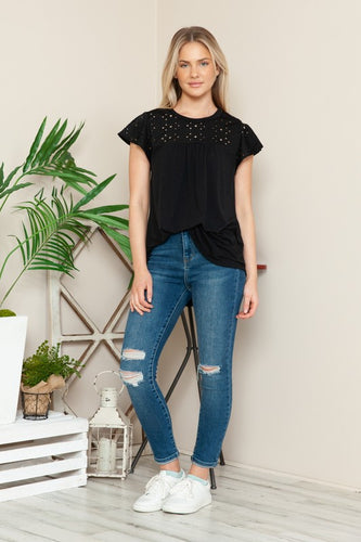 Solid Eyelet Short Sleeve Spring Top