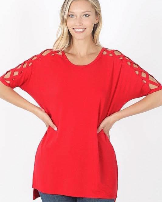 Criss Cross sleeve tunic top- cherry￼